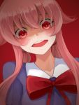  bow gasai_yuno long_hair mikitsui mirai_nikki open_mouth pink_hair red_eyes school_uniform smile solo 