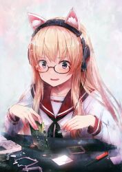  1girl animal_ear_fluff animal_ears black_eyes blonde_hair circuit_board commentary_request game_boy glasses handheld_game_console headphones highres long_sleeves open_mouth original razor_blade school_uniform screwdriver semi-rimless_eyewear serafuku shirakaba shirt solo sweatdrop table under-rim_eyewear upper_body white_background white_shirt 