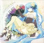  1girl ankle_lace-up aqua_eyes aqua_hair choker corset cross-laced_footwear detached_sleeves dress flower frills hair_flower hair_ornament hatsune_miku long_hair piano ribbon rose shoes smile solo thigh-highs twintails vocaloid wogura 