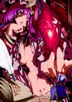  1girl arm_up book bracelet breasts chest cleavage crescent dress eruichi_(redphantom) feathers foreshortening gem glowing hat highres jewelry large_breasts long_hair midriff navel no_bra open_dress open_mouth patchouli_knowledge purple_eyes purple_hair solo touhou violet_eyes writing 