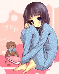  barefoot black_hair blush food fruit kerikaza long_hair original pajamas polka_dot purple_eyes smile solo strawberry stuffed_animal stuffed_toy teddy_bear violet_eyes 