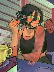  1girl black_choker black_hair chainsaw_man choker chopsticks closed_mouth commentary elbow_on_table green_eyes hair_between_eyes hair_bun highres holding holding_chopsticks looking_at_viewer reze_(chainsaw_man) riicolato see-through_clothes see-through_sleeves smile smoke upper_body 