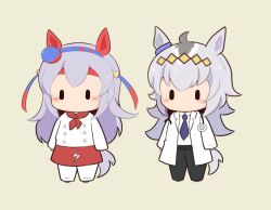  2girls animal_ears apron black_pants blue_hairband blue_necktie blush_stickers chibi collared_shirt gomashio_(goma_feet) grey_background grey_hair hairband headband horse_ears horse_girl horse_tail lab_coat lightning_bolt_symbol long_hair multicolored_hair multiple_girls necktie oguri_cap_(umamusume) open_clothes pants red_apron red_headband shirt simple_background standing stethoscope_around_neck tail tamamo_cross_(umamusume) two-tone_hair umamusume very_long_hair waist_apron white_hair white_pants white_shirt |_| 