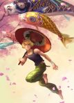  barefoot blonde_hair cherry_blossoms handwraps highres ivan_karelin jumping kame4282 kite koi koinobori male parasol petals purple_eyes short_hair solo tank_top tiger_&amp;_bunny umbrella violet_eyes 