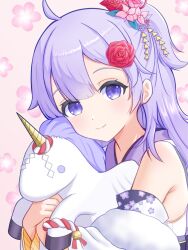  1girl ahoge azur_lane bare_shoulders commentary_request detached_sleeves floral_background floral_print flower hair_flower hair_ornament highres japanese_clothes kanzashi kimono official_alternate_costume purple_hair sash shinkyuu smile stuffed_unicorn stuffed_winged_unicorn unicorn_(azur_lane) unicorn_(prayer_of_plum_and_snow)_(azur_lane) violet_eyes 
