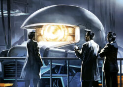  3boys artist_request cable cellphone coat creator_and_creation exposed_internal_machinery gundam gundam_perfect_file hangar highres lab_coat laboratory magazine_scan mecha military_uniform mobile_suit mobile_suit_gundam multiple_boys official_art one-eyed painting_(medium) phone promotional_art realistic robot scan scene_reference science_fiction soldier traditional_media zaku_ii zeon 