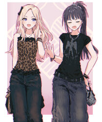  2girls :d amaya_tsubame animal_print bag bare_shoulders black_hair black_pants black_shirt blonde_hair blunt_bangs border brown_camisole camisole commentary cowboy_shot gakuen_idolmaster grey_bag hand_in_own_hair high_ponytail highres holding holding_bag idolmaster juo_sena leopard_print long_hair multiple_girls open_mouth outside_border pants parted_bangs pink_background ponytail print_camisole shirt short_sleeves smile t-shirt v-shaped_eyebrows violet_eyes white_border yukitake_(bullfalk) 