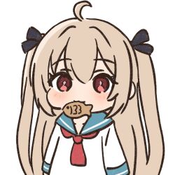  1girl :3 ahoge ami_b1196260828 arms_at_sides ascot atri atri-my_dear_moments- black_ribbon blue_sailor_collar blush brown_hair chibi chibi_only chinese_commentary closed_mouth commentary_request dress film_grain food food_in_mouth hair_ribbon long_hair long_sleeves looking_at_viewer pink_pupils red_ascot red_eyes ribbon sailor_collar sailor_dress sidelocks simple_background smile solo straight_hair taiyaki tareme two_side_up upper_body very_long_hair wagashi white_background white_dress 