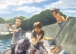  2boys 633b bottle box brown_hair building child cloud clouds copyright_request dress fish fish_request fishing fishing_rod fishnets hat highres mountain multiple_boys open_mouth raised_eyebrow sack short_hair sky straw_hat teamwork water 