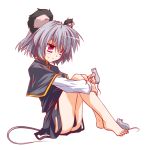  animal_ears bare_legs barefoot capelet dress grey_dress grey_hair hemogurobin_a1c leg_hug mouse mouse_ears mouse_tail nazrin no_panties red_eyes short_hair sitting smile solo tail touhou 