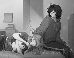  2girls ahoge calendar_(object) commentary commission english_commentary greyscale highres hood hoodie icaimes indoors light_particles long_sleeves miyagi_shiori monochrome multiple_girls pants second-party_source sendai_hazuki short_hair short_sleeves shuuniichido_classmate_wo_kau_hanashi sitting stuffed_animal stuffed_penguin stuffed_toy 