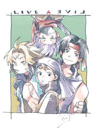  4boys artist_name bandana bare_shoulders black_hair black_mask blonde_hair border brown_hair closed_mouth copyright_name cross_scar green_background headband live_a_live male_focus mask michibata_65 mouth_mask multicolored_hair multiple_boys neckerchief ninja oboro-maru_(live_a_live) open_clothes open_shirt parted_bangs parted_lips purple_bandana purple_hair red_headband red_neckerchief scar scar_on_cheek scar_on_face scar_on_forehead short_hair signature smile sword sword_on_back tadokoro_akira takahara_masaru two-tone_hair upper_body upside-down weapon weapon_on_back white_border yellow_eyes yun_jou 