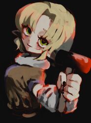  1girl arm_warmers black_background black_nails blonde_hair blush brown_shirt cropped_torso fur-trimmed_shirt fur_trim green_eyes hammer haniwa_kue head_tilt highres holding holding_hammer looking_at_viewer looking_to_the_side medium_hair mizuhashi_parsee parted_bangs parted_lips pointy_ears shirt sidelighting simple_background smile solo touhou 