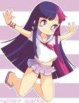  bangs blunt_bangs bracelet character_name chibi jewelry jumping long_hair miniskirt multicolored_hair my_little_pony my_little_pony_friendship_is_magic ouo ouoouo outstretched_arms personification sailor_collar sandals school_uniform serafuku skirt smile solo spread_arms striped striped_background twilight_sparkle 