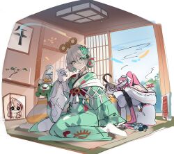 3girls absurdres animal_ears aoi_13 brown_hair cat_ears cat_girl cecilia_immergreen cecilia_immergreen_(new_year) choko_(cup) commentary_request cup gigi_murin gigi_murin_(new_year) gloves green_kimono green_streaks grey_hair highres holding holding_cup hololive hololive_english hood hood_down japanese_clothes kimono looking_at_viewer medium_hair multicolored_hair multiple_girls official_alternate_costume otomo_(cecilia_immergreen) raora_panthera raora_panthera_(new_year) solo two-tone_hair unfinished virtual_youtuber white_gloves white_kimono winding_key 