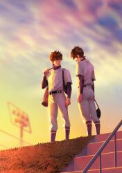  2boys ace_of_diamond baseball_uniform belt black_belt blue_socks brown_hair buttons clouds cloudy_sky commentary_request compression_shirt full_body goggles grass heise_wanbaolu highres holding_strap layered_sleeves long_sleeves looking_at_another male_focus miyuki_kazuya multiple_boys outdoors pants sawamura_eijun shirt_tucked_in short_hair short_over_long_sleeves short_sleeves sideburns sky socks socks_over_pants sportswear stairs standing sunset white_pants 