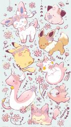  alternate_color blush cleffa closed_eyes commentary_request cosmos_(flower) dragonair eevee flower green_background highres no_humans pachirisu petals pikachu pink_flower pokemon pokemon_(creature) pokemon_focus red_eyes shiny_pokemon skirt spritzee sylveon temariame14 twitter_username 