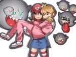 &gt;_&lt; 1girl :o :p blonde_hair blue_eyes boo brown_hair carrying dress epaulettes gebyy-terar genderswap ghost gloves hat highres long_tongue mario nintendo open_mouth overalls princess_carry princess_peach role_reversal scared sharp_teeth striped striped_legwear super_mario_bros. thigh-highs thighhighs tongue wavy_mouth 