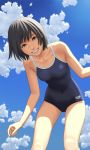  black_hair brown_eyes cloud clouds fangs grey_hair grin leaning_forward looking_at_viewer magenta_color one-piece_swimsuit original school_swimsuit short_hair sky smile solo swimsuit 