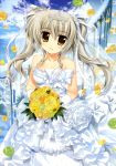  absurdres aquarian_age bare_shoulders bouquet breasts brown_eyes cleavage dress flower fujima_takuya gloves grey_hair hair_ribbon highres long_hair looking_at_viewer original ribbon smile solo star strapless_dress tiara twintails veil wedding_dress white_dress white_gloves 