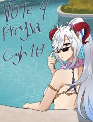  1girl absurdres adjusting_eyewear alternate_hairstyle back bare_back bikini blue_hair breasts character_name colored_inner_hair commentary curled_horns english_commentary english_text fire_emblem fire_emblem_heroes freyja_(fire_emblem) freyja_(summer)_(fire_emblem) from_behind goat_horns gradient_hair hair_over_one_eye high_ponytail highres horns large_breasts long_hair looking_at_viewer looking_back looking_over_eyewear ludook multicolored_hair official_alternate_costume open_mouth outdoors ponytail pool red_eyes red_horns solo sunglasses swimsuit two-tone_hair water white_bikini white_hair 