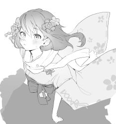 1boy absurdres blush bow commentary_request crossdressing crossdressing_(ftm) flower from_above furisode_sleeves greyscale hair_flower hair_ornament hakama hakama_skirt highres japanese_clothes kanzashi kimono looking_at_viewer male_focus medium_hair monochrome original parted_lips scar simple_background skirt sleeves_rolled_up small_sweatdrop solo trap tsumami_kanzashi waist_bow white_background wide_sleeves yurushite_elon 