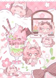  1girl absurdres animal animal_ear_fluff animal_ears artist_name candy chibi chibi_only chocolate chocolate_bar cup dango double-parted_bangs drinking_glass food fox fox_ears fox_girl fox_tail fruit full_body hair_ornament hairclip highres holding holding_food multiple_views open_mouth original parallel_hairclips parfait pink_eyes pink_hair sanshoku_dango short_hair standing strawberry tail wafer_stick wagashi window x_hair_ornament yikemaohetao 