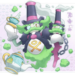  albrt-wlson chain commentary cup deviantart_username english_commentary full_body fusion galarian_weezing gas gloves highres holding holding_plate monocle mr._rime multiple_heads opaque_monocle plate pokemon polteageist skull_and_crossbones smile steam teacup web_address white_gloves 