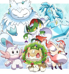  abomasnow albrt-wlson arboliva bag berry_(pokemon) bright_pupils bulbasaur cetoddle christmas christmas_ornaments closed_eyes closed_mouth clothed_pokemon commentary english_commentary fang fangs fennekin food fruit fusion gholdengo grepa_bery grin half-closed_eyes hat highres hisuian_zorua holding holding_bag holding_food holding_fruit holding_ornament holding_sack how_the_grinch_stole_christmas ice impidimp jacket lum_berry master_ball mudkip nostrils open_mouth oran_berry pecha_berry pointy_ears pointy_nose poke_ball pokemon pokemon_(creature) pokemon_focus rawst_berry red_eyes red_hat red_jacket regice sack santa_costume santa_hat sharp_teeth skin_fang smile snorlax teeth white_bag white_pupils yellow_eyes 