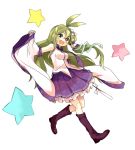  antenna_hair blush_stickers boots cross-laced_footwear detached_sleeves frog_hair_ornament gohei green_eyes green_hair hair_ornament iwao_(pixiv258710) kochiya_sanae long_hair open_mouth skirt smile snake solo star touhou wide_sleeves wild_and_horned_hermit 