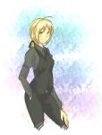  1girl ahoge androgynous blonde_hair blush crossdressinging fate/zero fate_(series) female formal hand_in_pocket hand_on_knee pant_suit pants ponytail reverse_trap saber shirt solo suit tomboy vest 