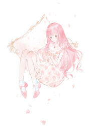  1girl absurdres bare_arms bare_shoulders bead_necklace beads brown_eyes cherry_blossoms closed_mouth commentary_request diamond_(shape) dot_nose downturned_eyes falling_petals floral_print flower flower_necklace frilled_shirt frills full_body happy heart high_heels highres jewelry knees_up light_blush long_hair long_sidelocks looking_at_hands miniskirt miqing miracle_nikki necklace nikki_(nikki) nikki_(series) petals picture_frame pink_flower pink_hair pink_shirt pink_shoes pink_skirt pleated_skirt print_shirt print_skirt pumps red_flower red_rose rose rose_print shirt shoes sidelocks sitting skirt sleeveless sleeveless_shirt smile solo turtleneck turtleneck_shirt very_long_hair wavy_hair white_background white_shirt 