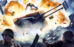  2boys army artist_request battle bazooka_(gundam) cable cannon combat_helmet debris destruction earth_federation explosion firing gun gundam gundam_perfect_file helmet hiding highres magazine_scan mecha military_rank_insignia military_uniform military_vehicle mobile_suit mobile_suit_gundam motor_vehicle multiple_boys official_art one-eyed painting_(medium) promotional_art robot ruins scan science_fiction scope shield smoke soldier tank traditional_media type_61_(gundam) war weapon zaku_ii zeon 