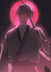  1boy absurdres arm_up black_sash black_trim chinese_commentary commentary_request cowboy_shot full_moon gintama highres holding holding_weapon japanese_clothes kimono long_sleeves looking_at_viewer male_focus moon open_mouth red_eyes sakata_gintoki sash short_hair smile solo teeth weapon xianyu_tuitui 