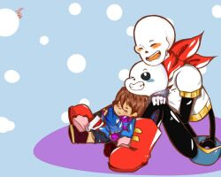  1other 2016 2boys 2d ambiguous_gender ankle_boots armor artist_name behind_another black_shorts blue_background blue_jacket blue_shorts blue_sweater blush_stickers boots brothers brown_boots brown_hair cape child closed_eyes colored_tongue commentary digital_media double_horizontal_stripe english_commentary fangs frisk_(undertale) gloves grey_hood height_difference heiwachan hollow_eyes hood hood_down hooded_jacket horizontal-striped_clothes human humanoid jacket long_sleeves male monster monster_boy multiple_boys one_eye_closed open_clothes open_jacket open_mouth orange_tongue papyrus_(undertale) pink_slippers pink_stripes red_boots red_cape red_gloves sans_(undertale) shirt short_hair shorts siblings signature simple_background single_vertical_stripe sitting skeleton slippers socks striped_clothes striped_shorts striped_sweater teeth tongue trio two-tone_background two-tone_sweater undead undertale utdr_(toby_fox) vertical-striped_clothes vertical-striped_shorts white_armor white_shirt white_socks white_stripes 