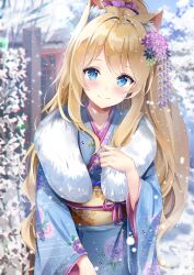  1girl aizawa_(aizawatsu) animal_ear_fluff animal_ears black_flower blonde_hair blue_eyes blue_kimono blush bow brown_sash character_request check_character closed_mouth commentary_request copyright_request day floral_print floral_print_kimono flower fox_ears fox_girl fur_shawl hair_bow hair_flower hair_ornament highres japanese_clothes kanzashi kimono long_hair long_sleeves looking_at_viewer mayonaka_akari new_year obi obiage obijime outdoors plant print_kimono purple_flower sash shawl smile snowing solo upper_body very_long_hair wavy_hair wide_sleeves winter 