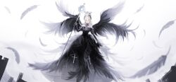  1girl angel_wings black_collar black_dress black_halo black_wings blonde_hair chinese_commentary closed_mouth collar commentary_request cross cross_earrings cross_print cross_tattoo detached_collar dress dustless_feathers_(shining_nikki) earrings expressionless feather-trimmed_dress feather_hair_ornament feathered_wings feathers floating forehead_tattoo full_body gown hair_ornament halo holding holding_staff jewelry light_particles long_dress long_hair looking_at_viewer miqing multiple_wings nikki_(series) parted_bangs print_dress ruins seraph shining_nikki solo spread_wings staff tattoo traditional_halo white_background wings yellow_eyes 