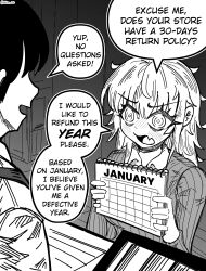  1boy 1girl @_@ apron artist_name bags_under_eyes black_hair calendar_(object) cash_register commentary counter english_commentary english_text fang greyscale hair_over_eyes highres indoors long_hair looking_at_another monochrome nhim open_mouth original skin_fang speech_bubble store_clerk sweater talking 