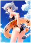  :&lt; absurdres adjusting_swimsuit animal_ears ass bare_shoulders blue_sky blue_swimsuit blush cloud clouds fingernails from_behind green_eyes hashimoto_takashi highres innertube looking_at_viewer looking_back one-piece_swimsuit original paw_print school_swimsuit short_hair silver_hair sky solo swimsuit tail tiger_ears tiger_tail wet 