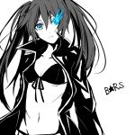  bikini_top black_rock_shooter black_rock_shooter_(character) blue_eyes breasts glowing glowing_eye long_coat long_hair midriff monochrome navel partially_colored scar solo spot_color takanashie twintails under_boob underboob 