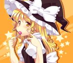  blonde_hair blush bow braid candy fang hair_bow hat hat_bow kirisame_marisa lollipop matatabi_maru solo star touhou v witch witch_hat yellow_eyes 