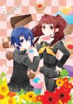  blue_eyes blue_hair brown_eyes doughnut food k-a-i kujikawa_rise macaron multiple_girls persona persona_4 red_hair redhead school_uniform shirogane_naoto skirt twintails 