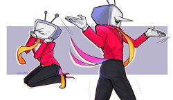  1boy 2025 2d ant_tenna arn359 artist_name black_pants commentary cowboy_shot crt deltarune digital_media english_commentary fangs full_body gloves grey_background hands_on_own_cheeks humanoid humanoid_robot long_sleeves male male_focus male_only motion_lines multiple_views necktie no_eyes object_head open_mouth pants pointy_nose radio_antenna red_suit robot robot_boy seiza shoes simple_background solo suit tailcoat television two-tone_background utdr_(toby_fox) white_background white_gloves yellow_necktie yellow_shoes 