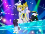  1girl aqua_eyes arm_warmers back-to-back blonde_hair brother_and_sister centrist_8 hair_ornament hair_ribbon hairclip headphones highres kagamine_len kagamine_len_(append) kagamine_rin kagamine_rin_(append) leg_warmers navel navel_cutout ribbon short_hair shorts siblings smile twins virtual_reality vocaloid vocaloid_append wallpaper 