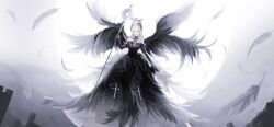  1girl angel_wings black_collar black_dress black_halo black_wings blonde_hair chinese_commentary closed_mouth collar commentary_request cross cross_earrings cross_print cross_tattoo detached_collar dress dustless_feathers_(shining_nikki) earrings expressionless feather-trimmed_dress feather_hair_ornament feathered_wings feathers floating forehead_tattoo full_body gown hair_ornament halo holding holding_staff jewelry light_particles long_dress long_hair looking_at_viewer miqing multiple_wings nikki_(series) parted_bangs print_dress ruins seraph shining_nikki solo spread_wings staff tattoo traditional_halo white_background wings yellow_eyes 