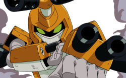 1boy aiming aiming_at_viewer arm_cannon armor commentary_request green_eyes helmet horns humanoid_robot jazz_jack male_focus medarot metabee robot solo upper_body weapon yellow_armor yellow_helmet 