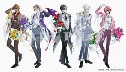  5boys :d ahoge arm_up ascot bandaged_head bandages belt black_belt black_coat black_hair black_necktie black_pants black_shoes black_suit blonde_hair bouquet bow bowtie brooch brown_hair brown_jacket brown_pants brown_suit brown_vest buttons calla_lily capelet cassian_floros closed_mouth coat collar_chain_(jewelry) collared_shirt colored_skin contrast_lapels copyright_notice corsage crocus_(flower) curtained_hair dark-skinned_male dark_skin demon_boy demon_horns demon_tail demon_wings dress_pants dress_shoes earrings english_commentary eyepatch first_stage_production flower flower_ornament formal_clothes full_body gale_galleon gloves green_eyes grey_jacket grey_pants grey_skin grin groom hair_between_eyes hair_over_shoulder hair_tubes half_gloves hand_up holding holding_bouquet horns jacket jewelry lapels lily_(flower) lineup long_hair long_sleeves looking_at_viewer low_ponytail lucien_lunaris male_focus mandarin_collar medium_hair michikake16 mixed-language_commentary multicolored_hair multicolored_jacket multiple_boys necktie notched_lapels official_art one_eye_closed one_eye_covered open_clothes open_coat open_collar open_jacket pants parted_lips patchwork_skin pink_eyes pink_flower pink_hair pink_jacket pleated_pants pointy_ears ponytail purple_flower purple_horns purple_wings red_eyes red_flower red_shirt ribbon rosco_graves rose sample_watermark shirt shoes short_hair side_cape simple_background single_earring single_hair_tube sleeve_bow smile standing stitched_face stitches streaked_hair suit sweater_guard tail thigh_belt thigh_strap two-sided_coat two-sided_fabric two-tone_jacket v-neck vest violet_eyes virtual_youtuber wallet_chain water_lily_flower watermark white_ascot white_background white_belt white_bow white_bowtie white_capelet white_flower white_gloves white_hair white_jacket white_lily white_ribbon white_shirt white_vest wings yellow_eyes yellow_flower yellow_rose zander_netherbrand zombie 