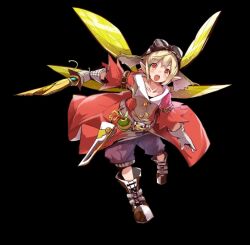  1boy belt black_background black_shirt blonde_hair blue_shorts blush boots breaking broken broken_sword broken_weapon brown_belt brown_boots brown_jacket collarbone elf full_body gloves hair_between_eyes holding holding_sword holding_weapon insect_wings jacket long_sleeves merc_storia merc_storia_art_team multicolored_jacket official_art olivier_(merc_storia) open_mouth orange_eyes outstretched_arms pointy_ears red_jacket shirt short_hair shorts sidelocks simple_background solo standing sword tachi-e teeth two-tone_jacket upper_teeth_only weapon white_gloves wings 