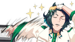  1girl absurdres adjusting_hair animal_ears beret closed_eyes commentary ears_through_headwear fukuro_(maruaru00) gloves green_hair green_vest hair_slicked_back hat highres horse_ears horse_girl jacket kiseki_(miracle_author)_(umamusume) kiseki_(umamusume) meme motion_blur naoya_hitting_choso_without_looking_(meme) parody scene_reference simple_background solo umamusume vest white_background white_gloves white_jacket yellow_hat 