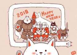  2018 2d 4boys animal annoying_dog armor axe barefoot body_fur brown_background cloak crossed_arms digital_media digitigrade dog dog_boy dog_girl dogamy dogaressa doggo_(undertale) eyebrows eyelashes female furry furry_female furry_male greater_dog happy_new_year holding holding_axe holding_weapon ichitei_(ut_1t) lesser_dog limited_palette long_neck long_sleeves looking_at_viewer male monster monster_boy monster_girl multiple_boys multiple_dogs new_year pants pawpads paws sandals simple_background tank_top tongue tongue_out undertale utdr_(toby_fox) white_dog white_fur year_of_the_dog yellow_pants 